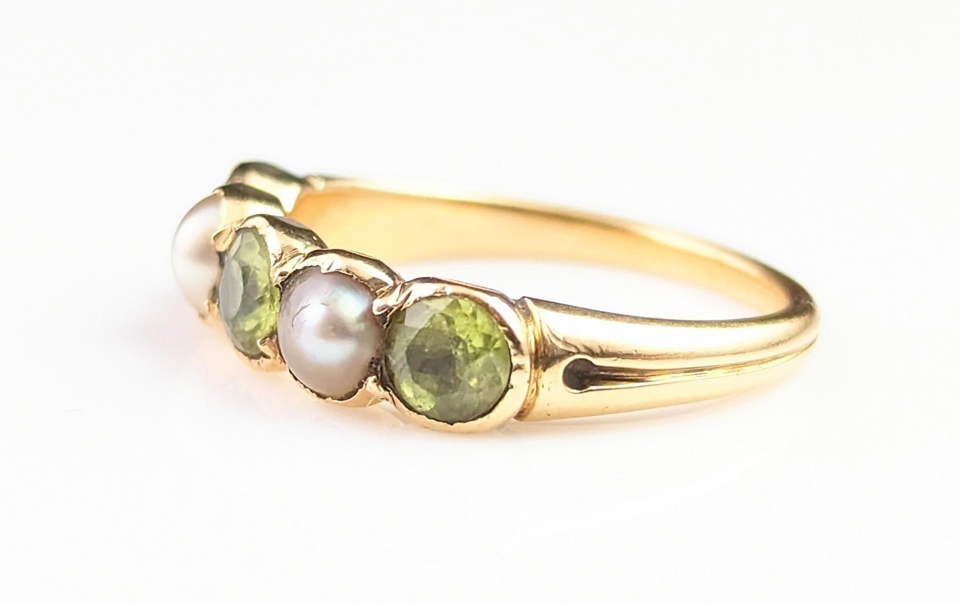 Antique Peridot and Split Pearl Half Hoop Ring, 18k Yellow Gold 10