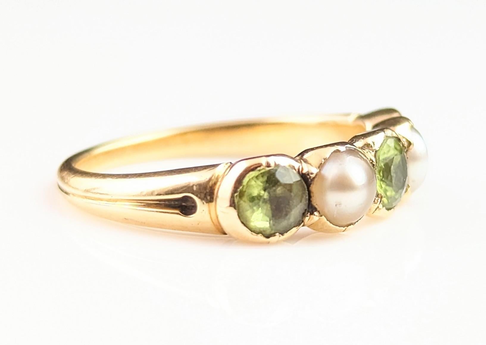 Antique Peridot and Split Pearl Half Hoop Ring, 18k Yellow Gold 12