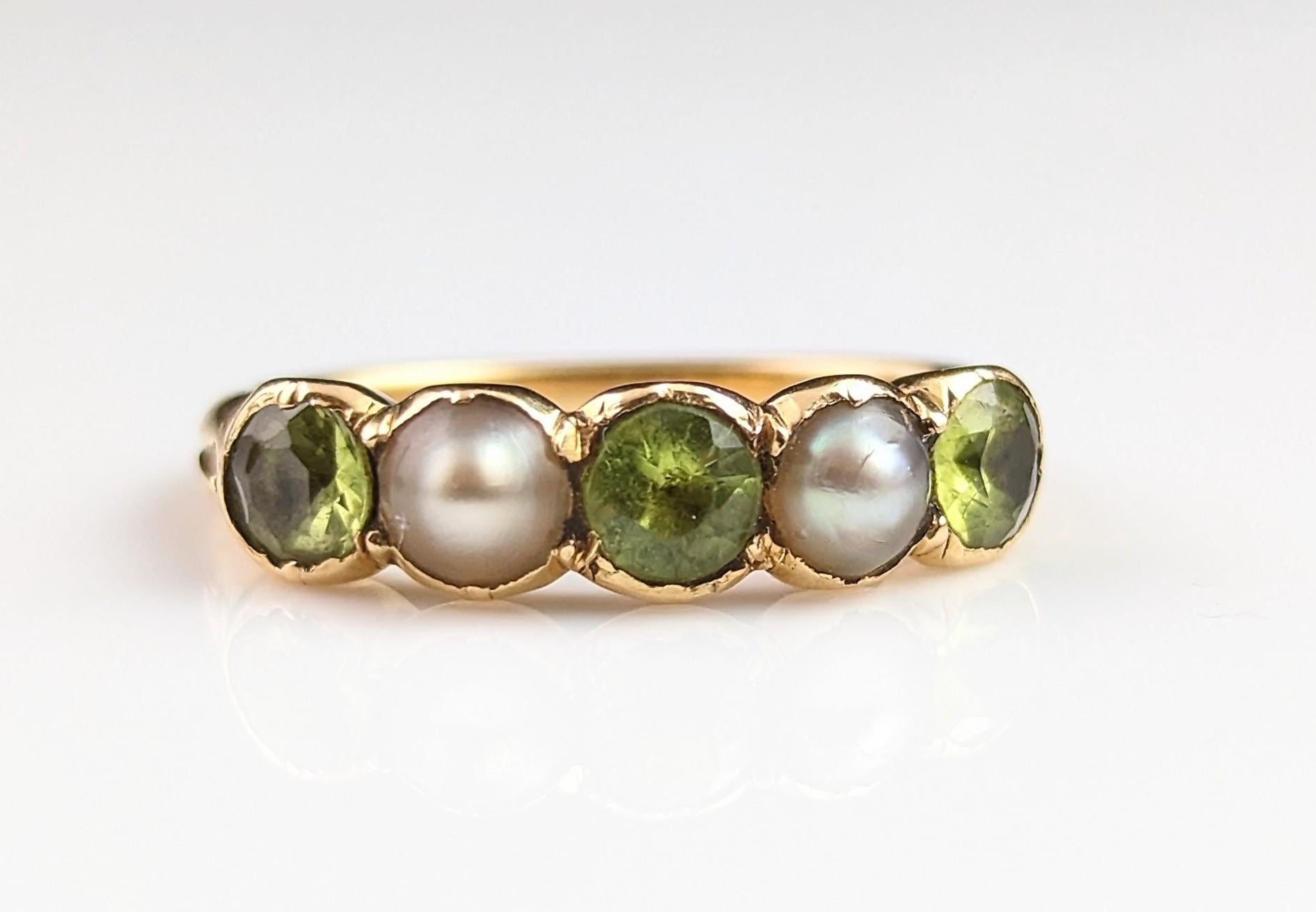 Antique Peridot and Split Pearl Half Hoop Ring, 18k Yellow Gold 13