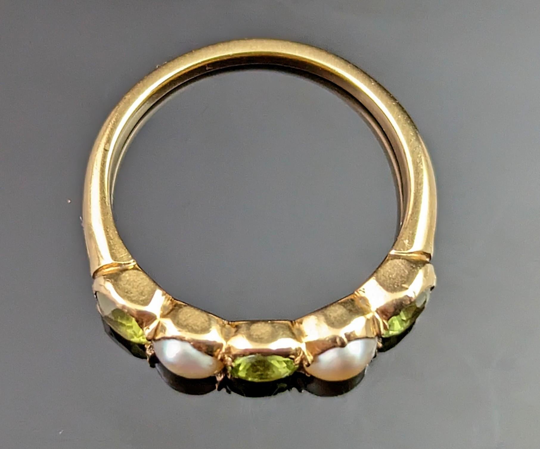 Round Cut Antique Peridot and Split Pearl Half Hoop Ring, 18k Yellow Gold