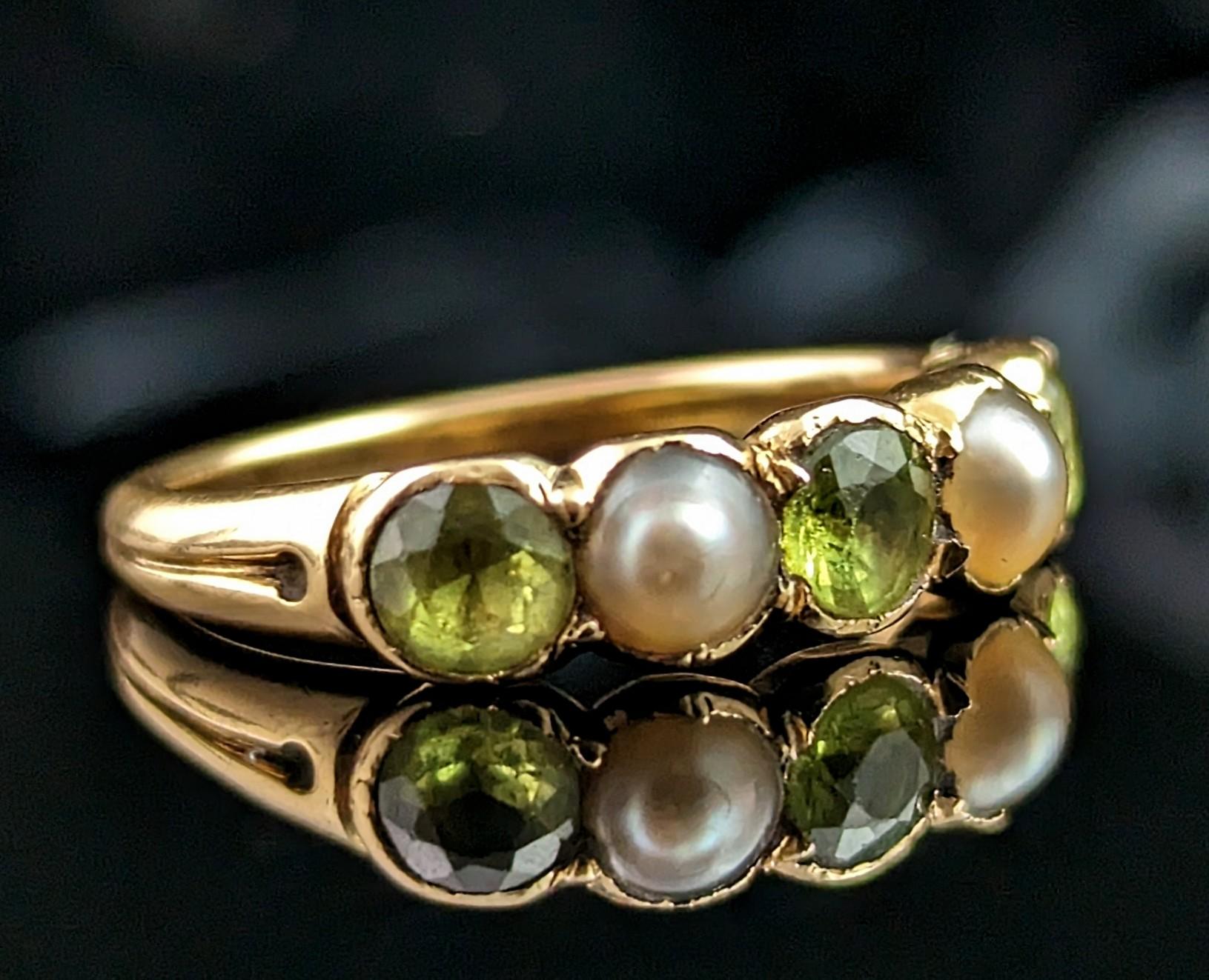 Women's Antique Peridot and Split Pearl Half Hoop Ring, 18k Yellow Gold