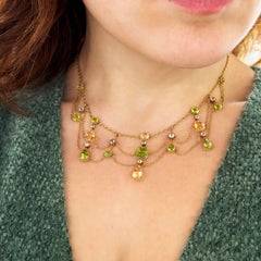 Antique Peridot, Citrine, White Sapphire and Gold Festoon Necklace, Circa 1890