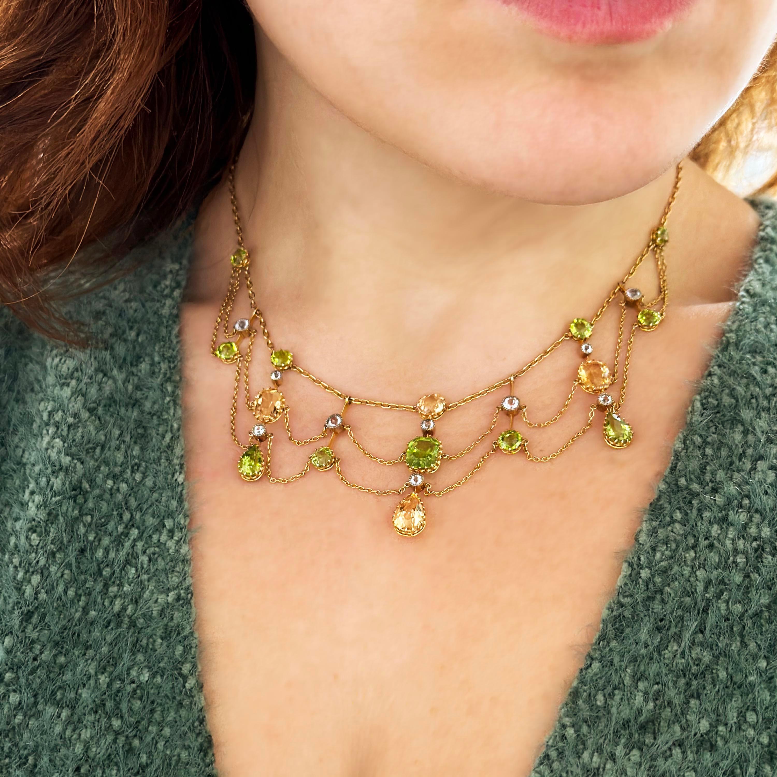 Antique Peridot, Citrine, White Sapphire And Gold Festoon Necklace, Circa 1890 In Good Condition For Sale In London, GB