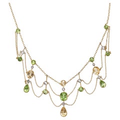 Antique Peridot, Citrine, White Sapphire and Gold Festoon Necklace, Circa 1890