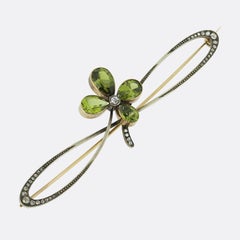 Antique Fabergé Peridot Clover and Diamond Brooch