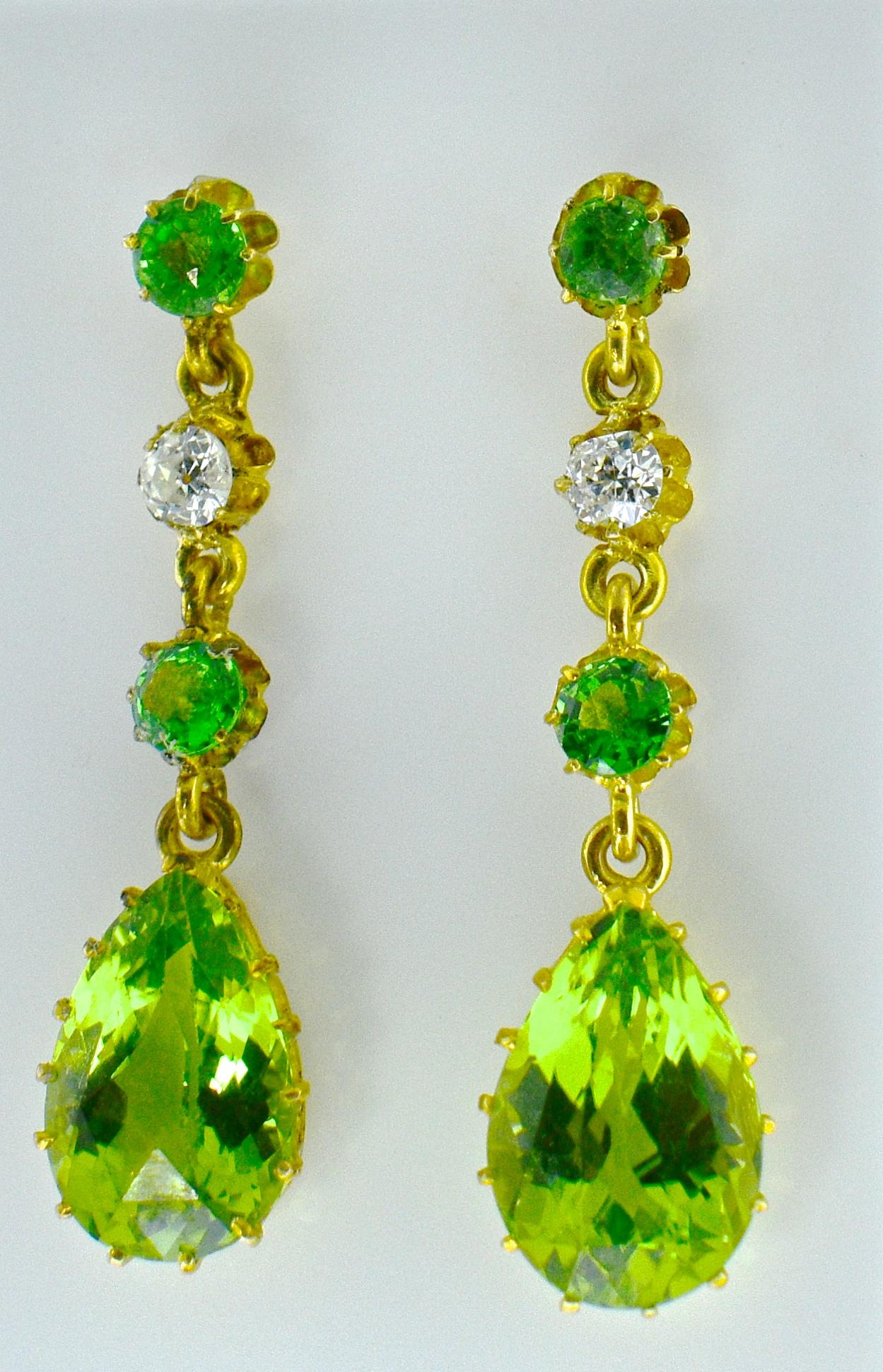 Antique Peridot, Diamond and Gold Earrings In Excellent Condition In Aspen, CO