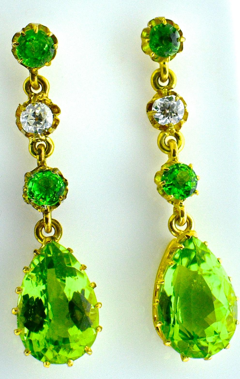 Women's or Men's Antique Peridot, Diamond and Gold Earrings