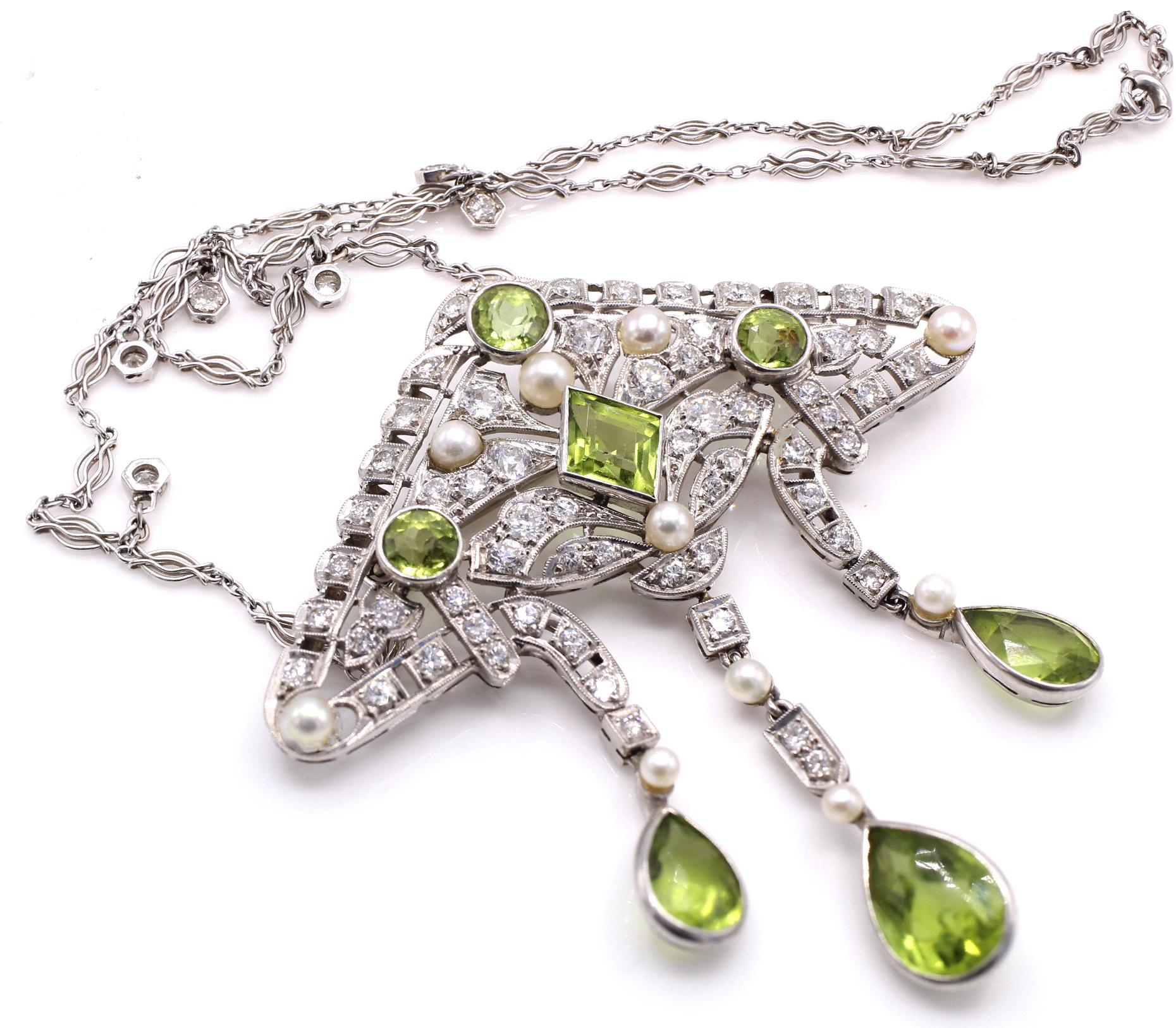 Mixed Cut Antique Peridot Diamond Pearl Platinum Pendant Brooch For Sale