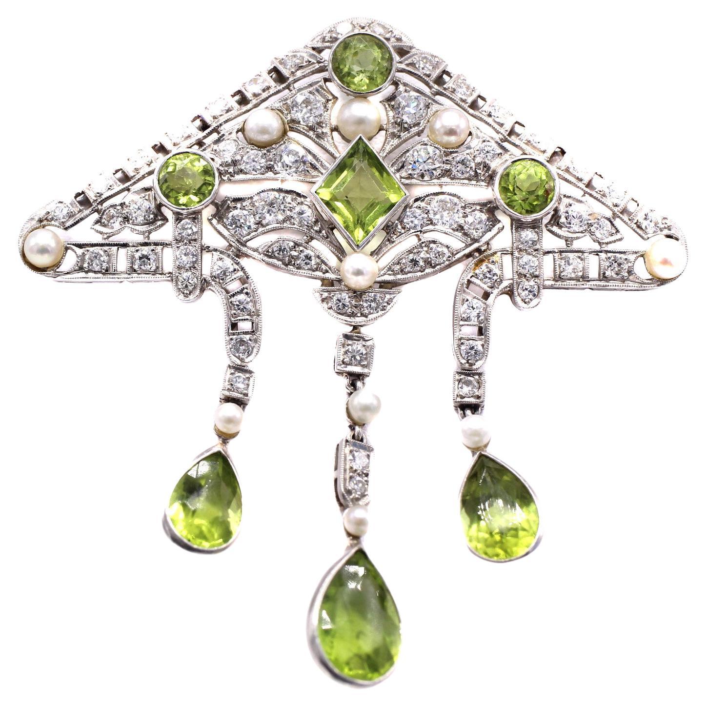 Antike Peridot-Diamant-Perlen-Platin-Anhänger-Brosche