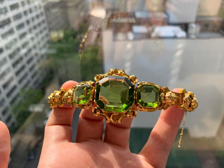 Emerald Cut Antique Peridot Gold Bracelet For Sale