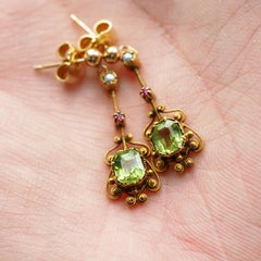 Antique Peridot Ruby and Pearl Earrings 18k Gold Cannetille Suffragette Design