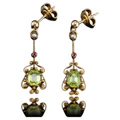 Antique Peridot Ruby and Pearl Earrings 18k Gold Cannetille Suffragette Design