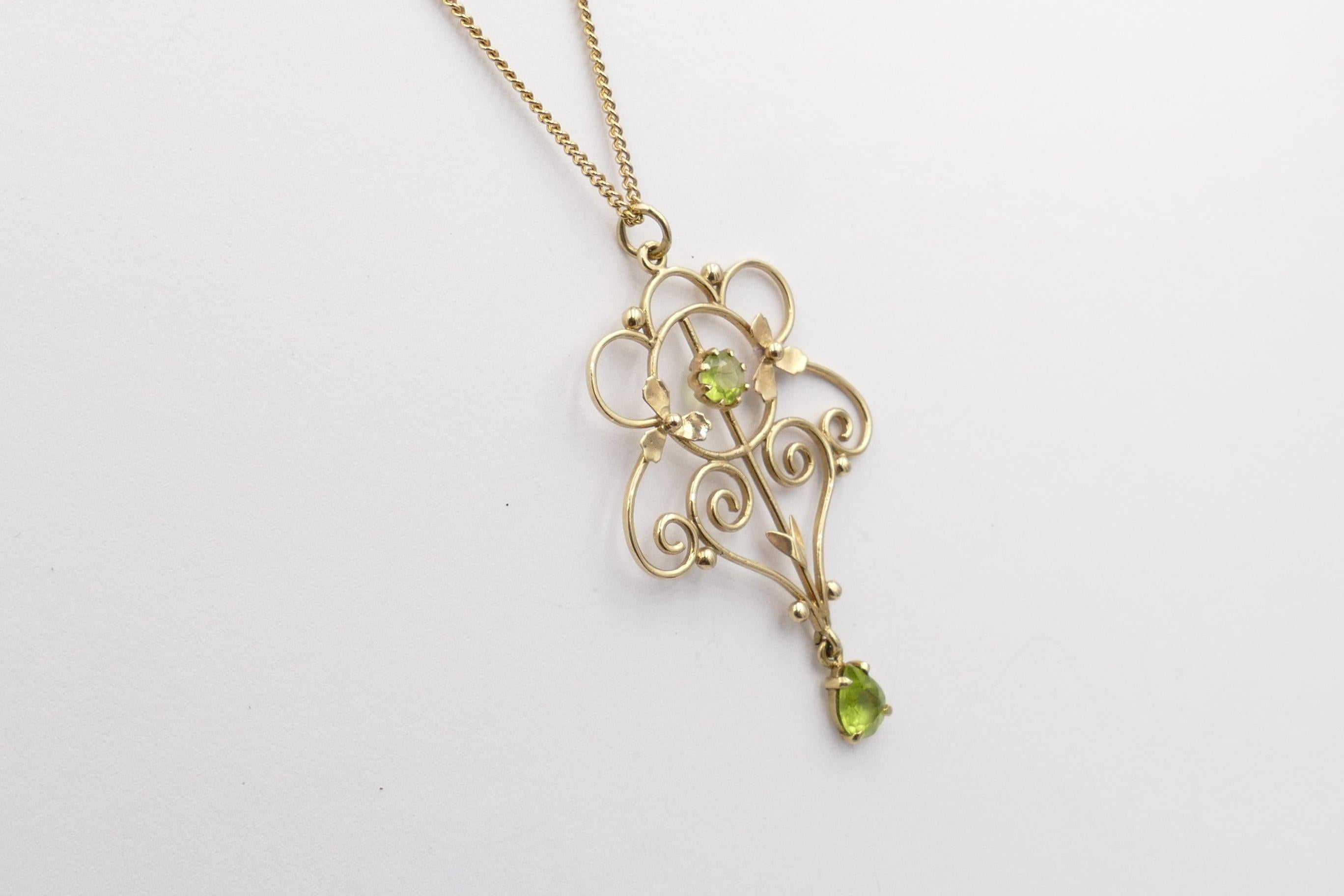 This lovely old - probably Edwardian- Pendant features 1 Round Cut Peridot, Green-yellow in Colour, Tone medium, eye-clean as well as a larger Pear Cut Peridot of similar colouring & 4 claw set.
The Pendant measures 50mm X 30mm, inclusive of the