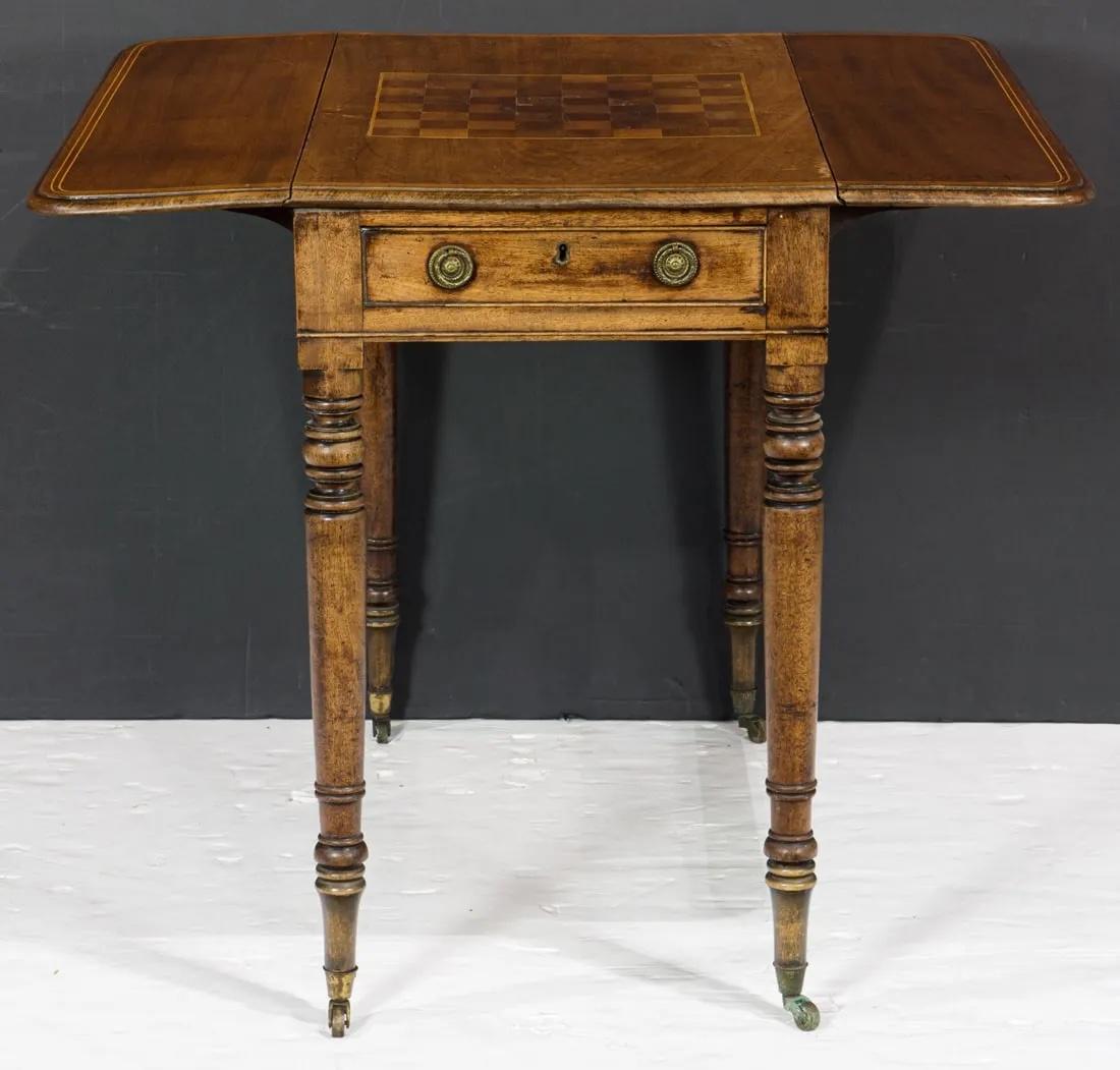 Hand-Crafted Antique Period English Regency Mahogany Inlay Drop Leaf Games Table Circa 1800 For Sale