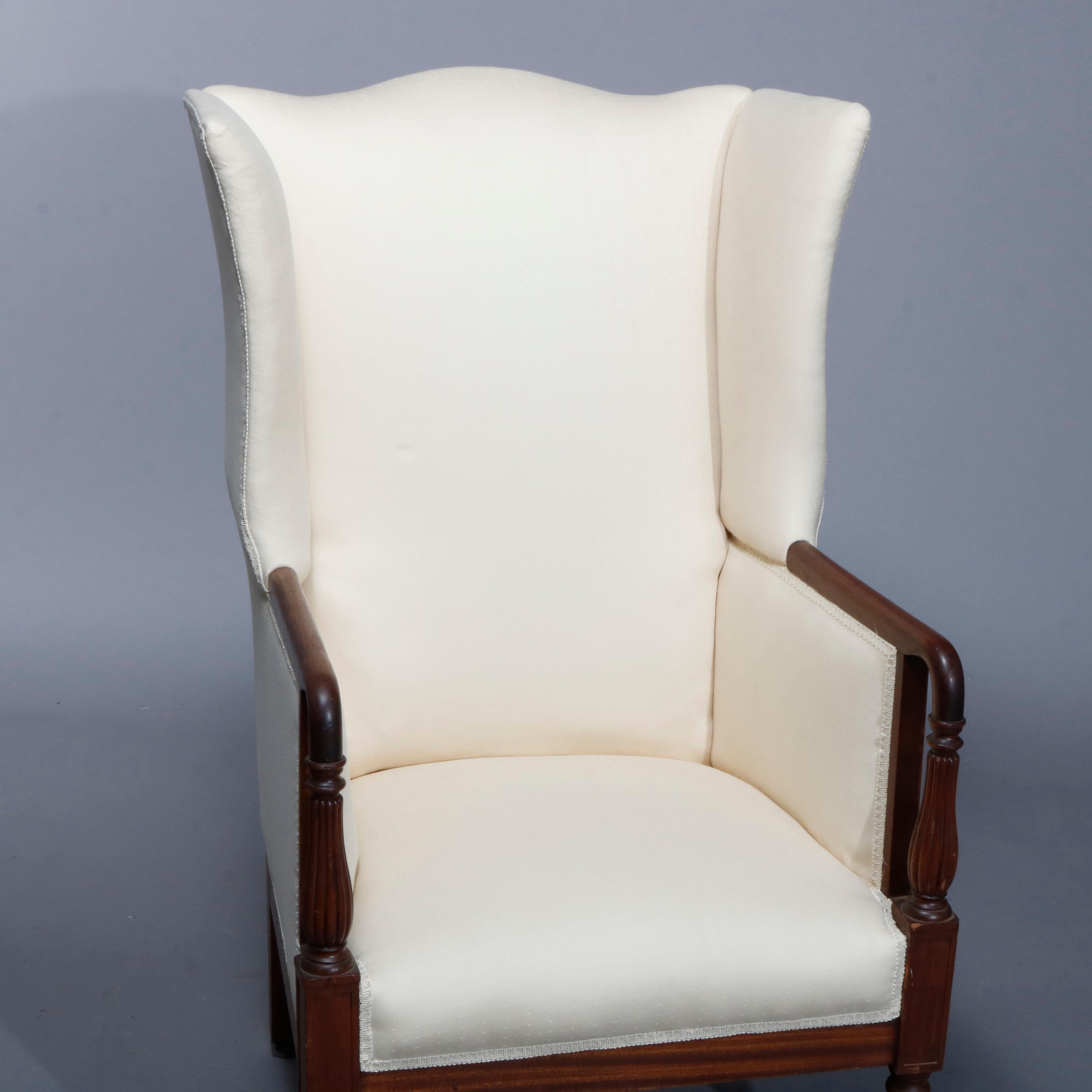 American Antique Period Sheraton Mahogany Fireside Upholstered Wingback Chair, circa 1830