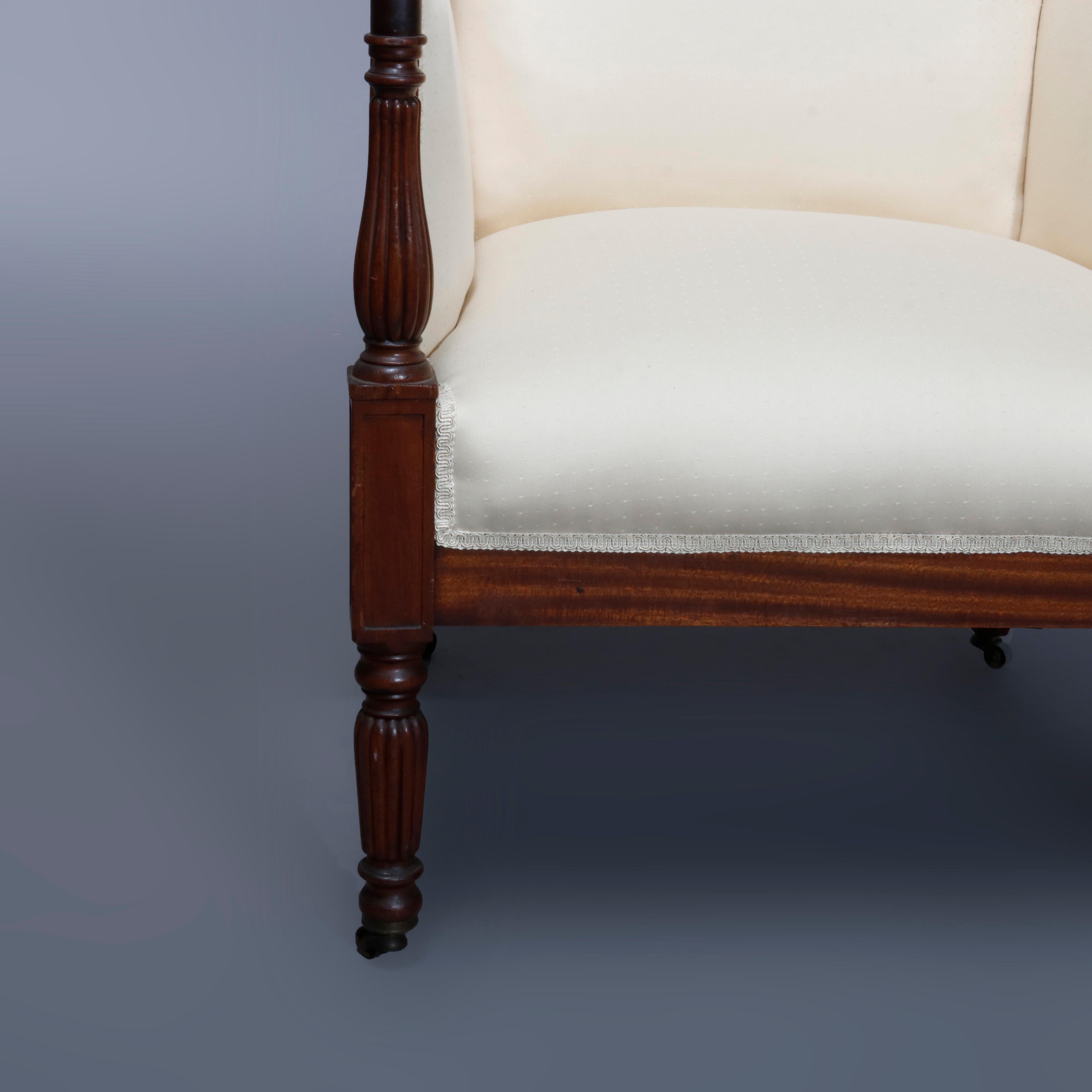 Carved Antique Period Sheraton Mahogany Fireside Upholstered Wingback Chair, circa 1830
