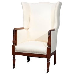 Antique Period Sheraton Mahogany Fireside Upholstered Wingback Chair, circa 1830
