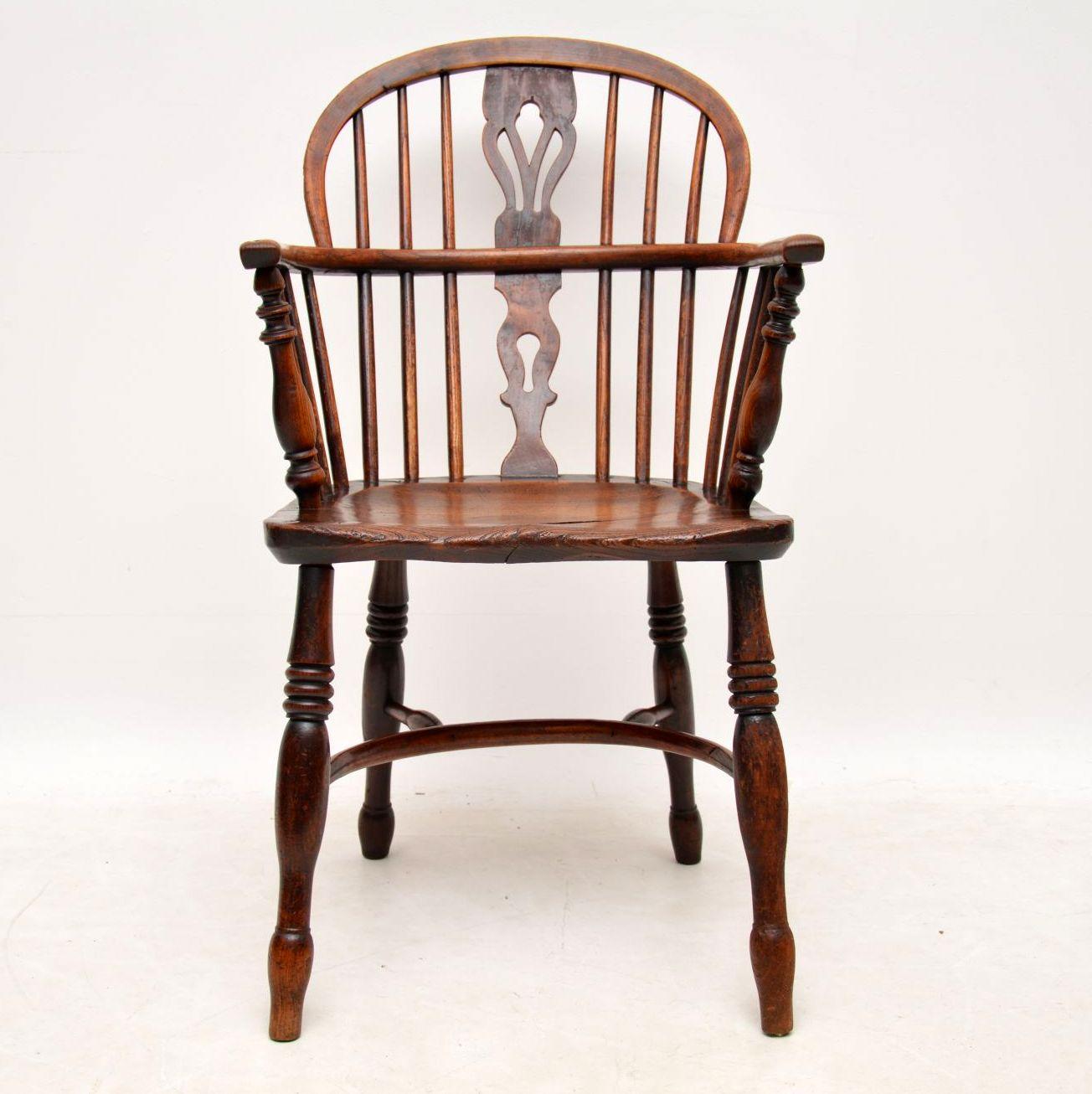This antique Elm Windsor Armchair does have a lot of age & is in good original condition. As you can see from the images, it does have usage marks, indentations, etc. However, that's all part of the charm & character of this piece. It's beautifully