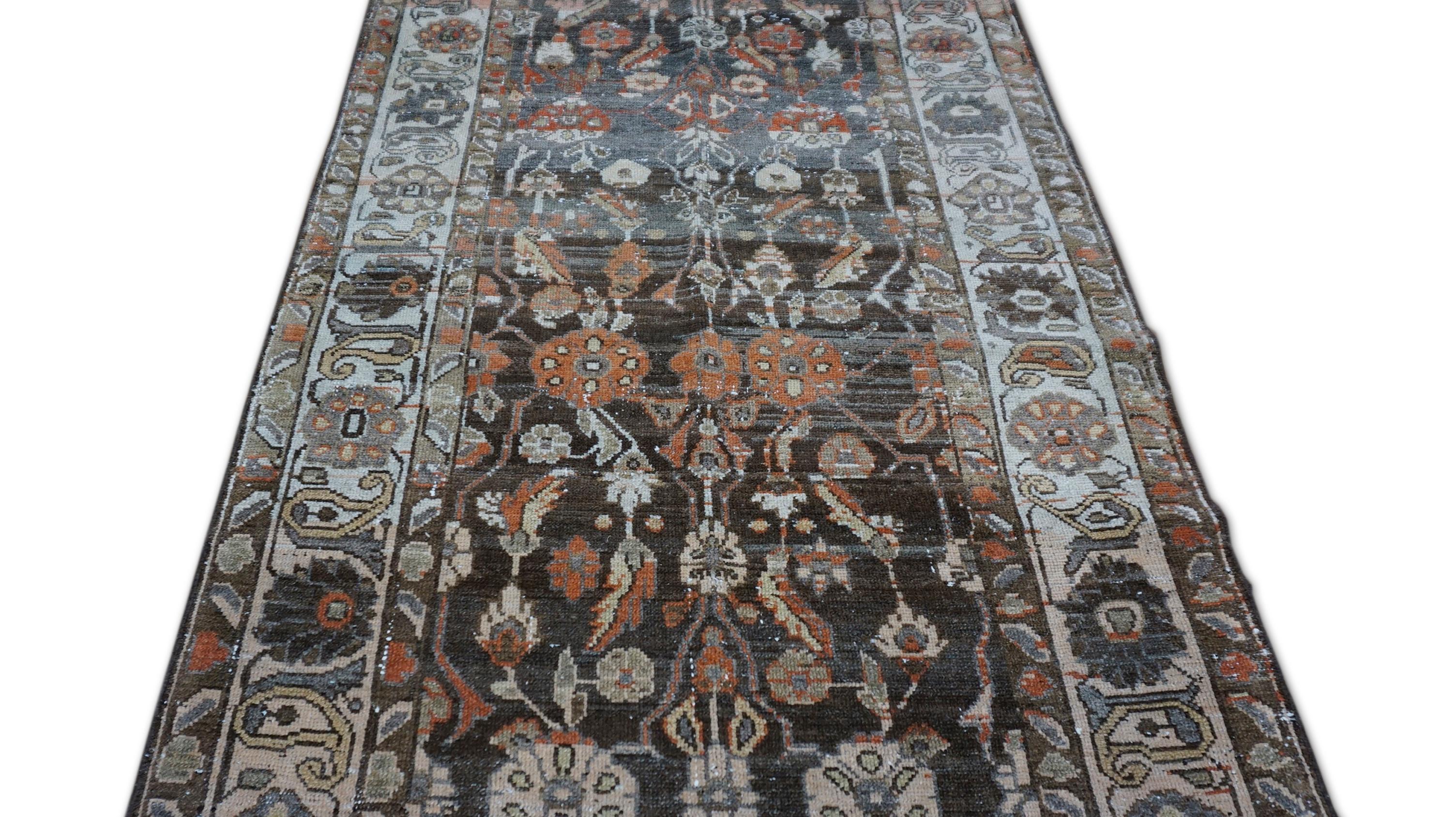 Antike Perisan Malayer Brown Floral Herati gemustert Läufer 3'5''x11' (20. Jahrhundert) im Angebot