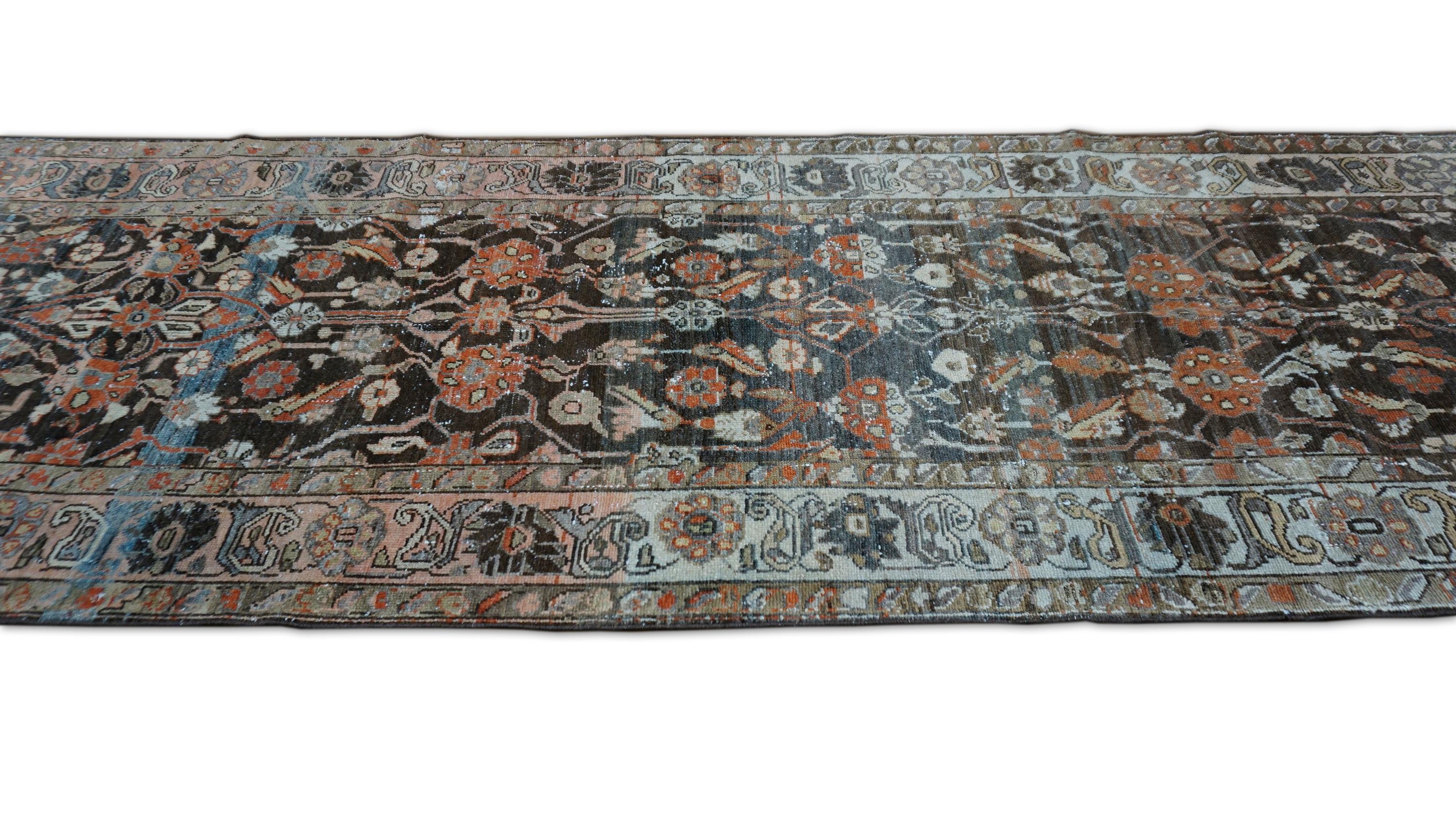 Antike Perisan Malayer Brown Floral Herati gemustert Läufer 3'5''x11' (Wolle) im Angebot