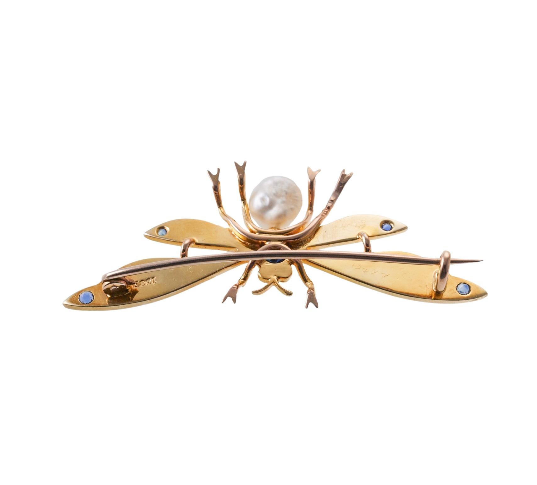 Round Cut Antique Perl Sapphire Insect Butterfly Gold Brooch Pin For Sale