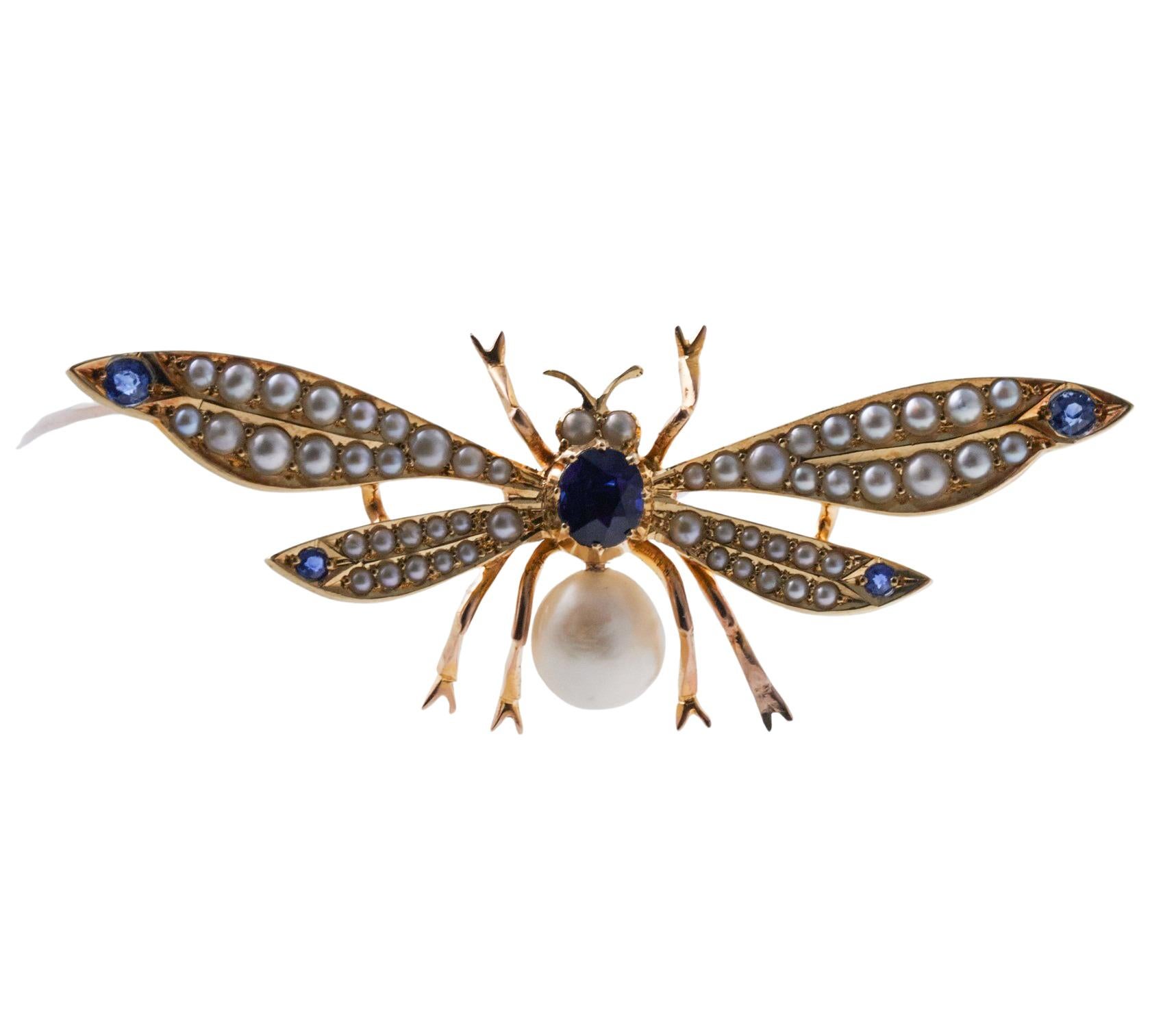 Antique Perl Sapphire Insect Butterfly Gold Brooch Pin For Sale 1