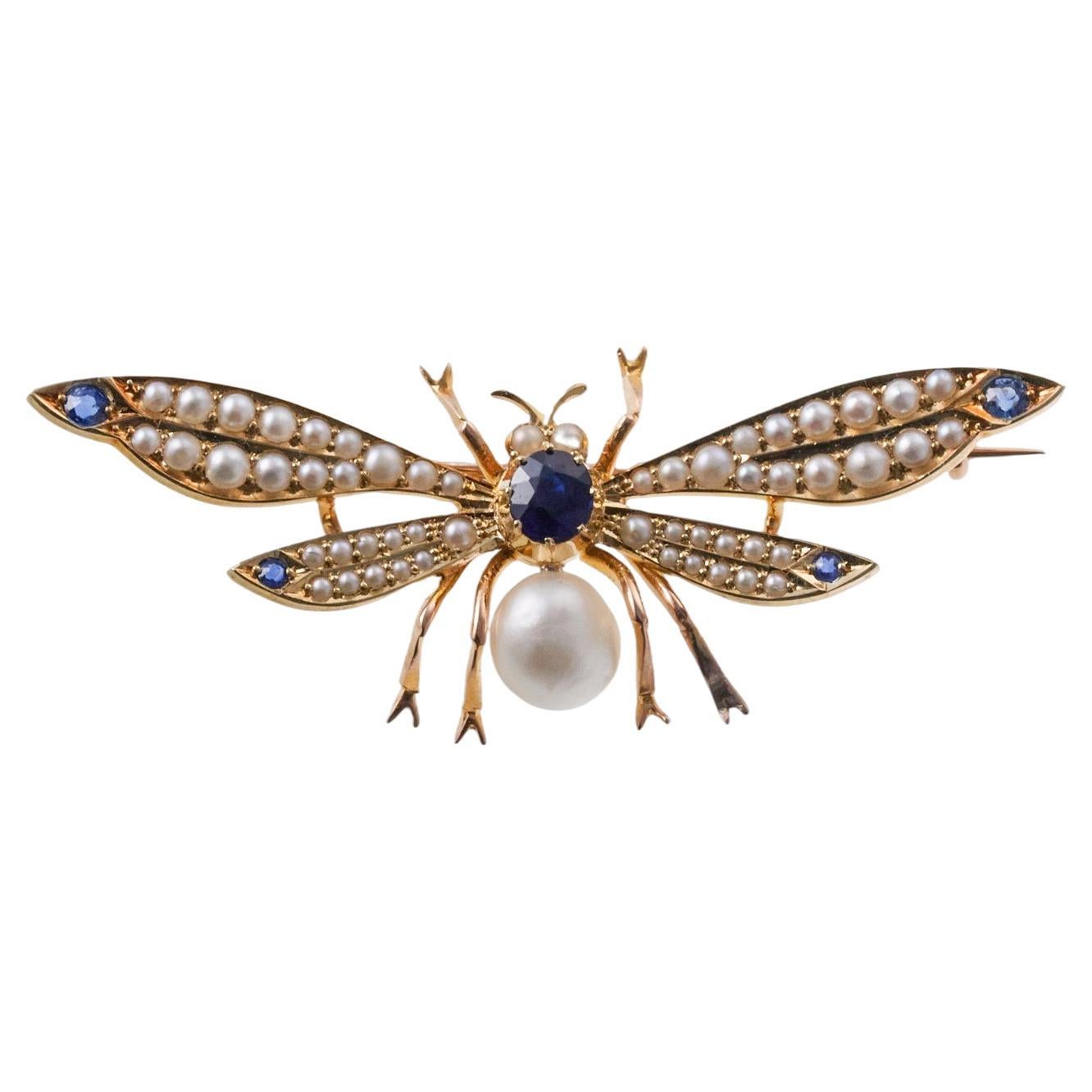 Antique Perl Sapphire Insect Butterfly Gold Brooch Pin For Sale