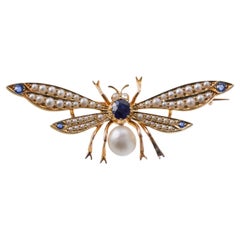 Antique Perl Sapphire Insect Butterfly Gold Brooch Pin