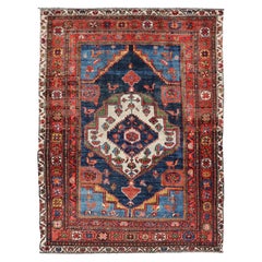Antique Persain Nahavand Rug with Sub-Geometric Medallion in Navy Blue 4'1" X6'0