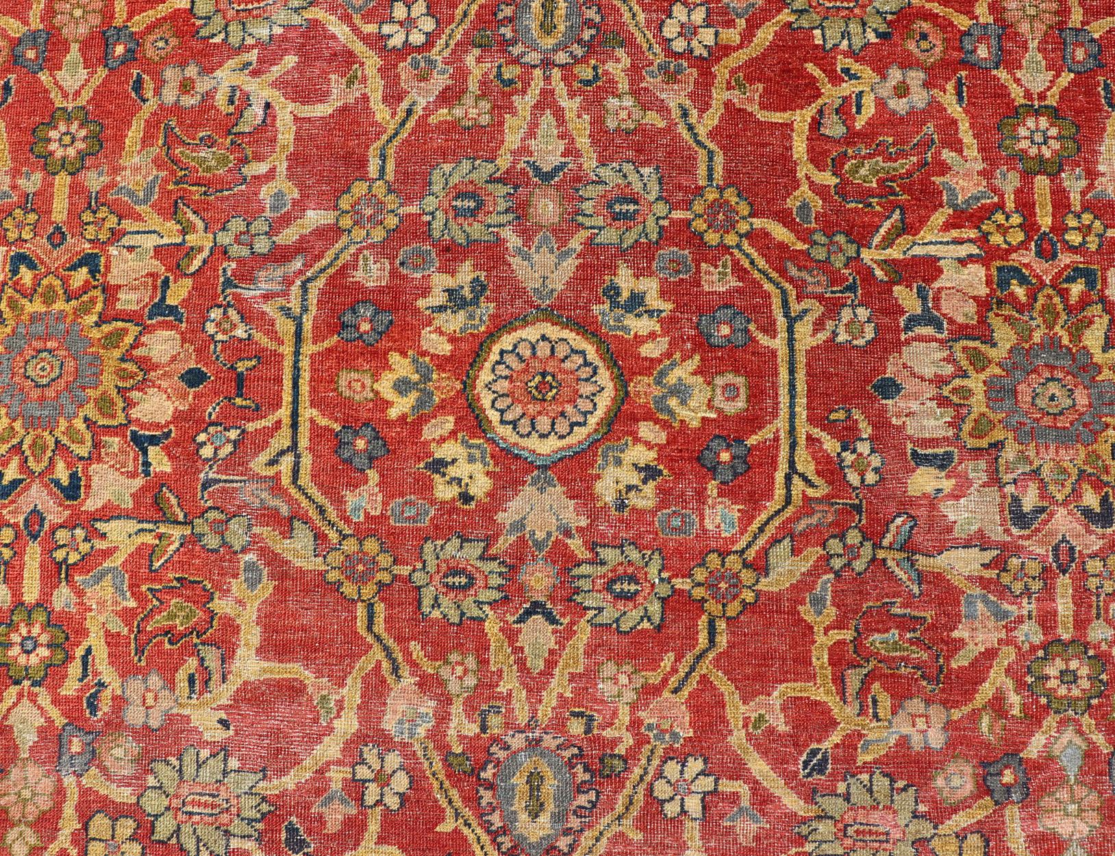 Antique Persian, 19th Century Sultanabad Rug in Rust, Blue, Gold, Yellow & Green For Sale 4