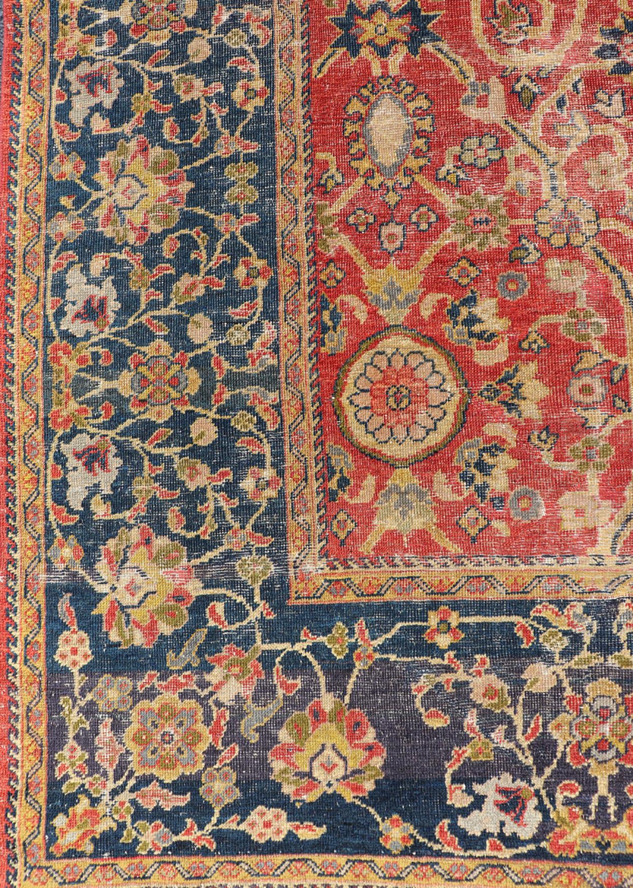 Antique Persian, 19th Century Sultanabad Rug in Rust, Blue, Gold, Yellow & Green For Sale 8