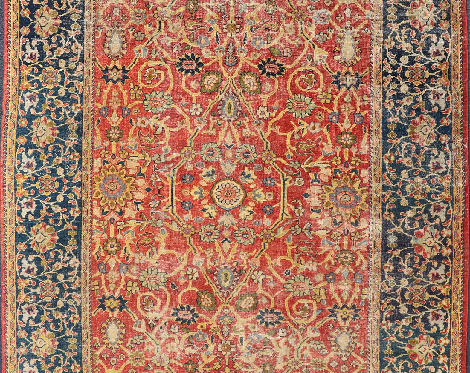 Hand-Knotted Antique Persian, 19th Century Sultanabad Rug in Rust, Blue, Gold, Yellow & Green For Sale