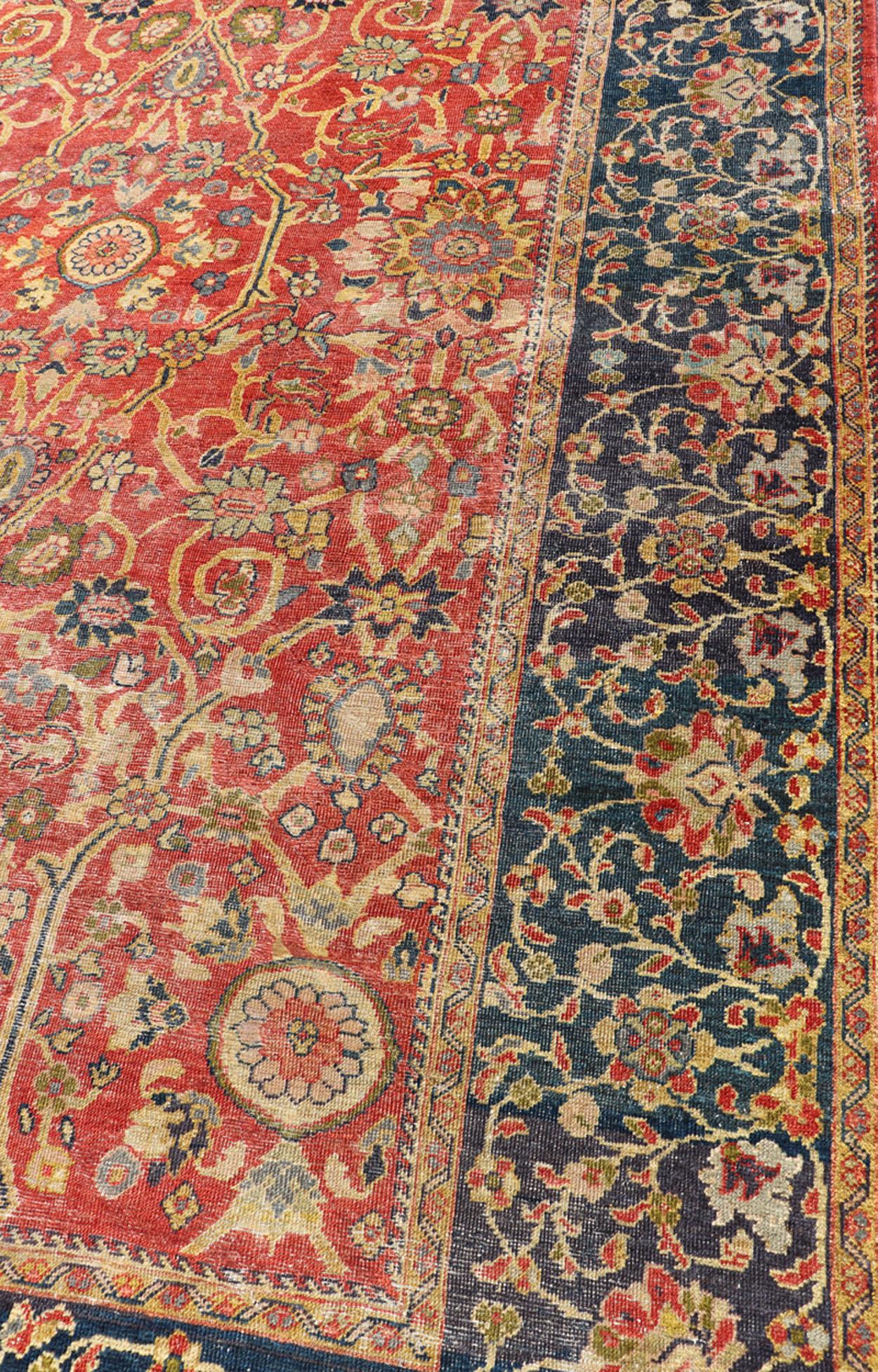 Antique Persian, 19th Century Sultanabad Rug in Rust, Blue, Gold, Yellow & Green For Sale 1