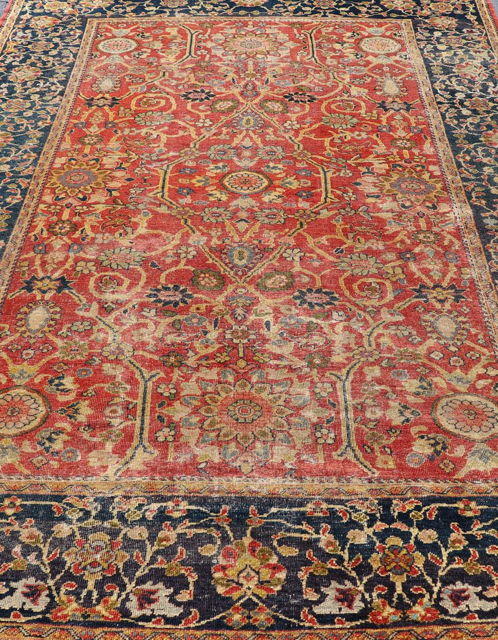 Antique Persian, 19th Century Sultanabad Rug in Rust, Blue, Gold, Yellow & Green For Sale 2