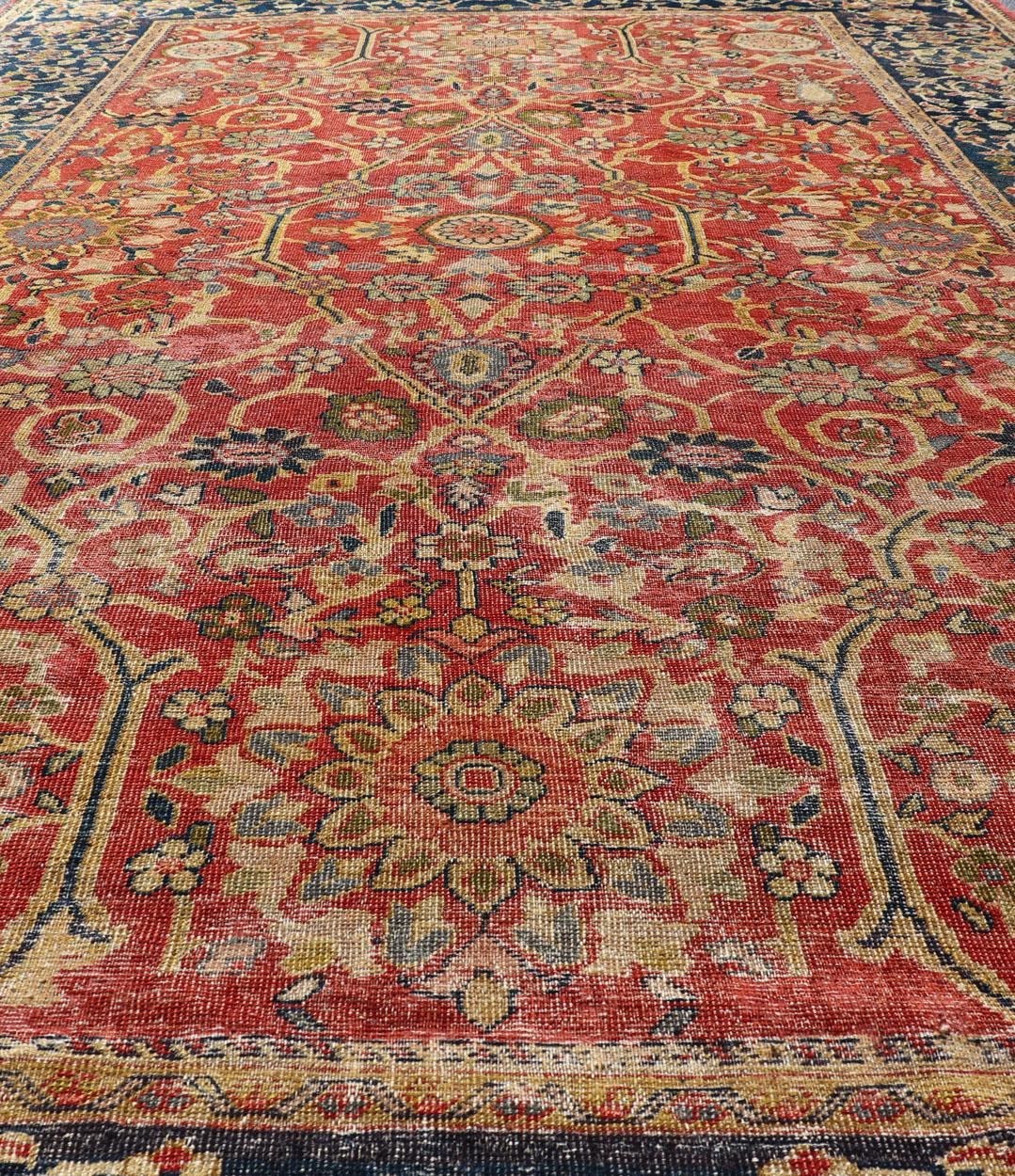 Antique Persian, 19th Century Sultanabad Rug in Rust, Blue, Gold, Yellow & Green For Sale 3