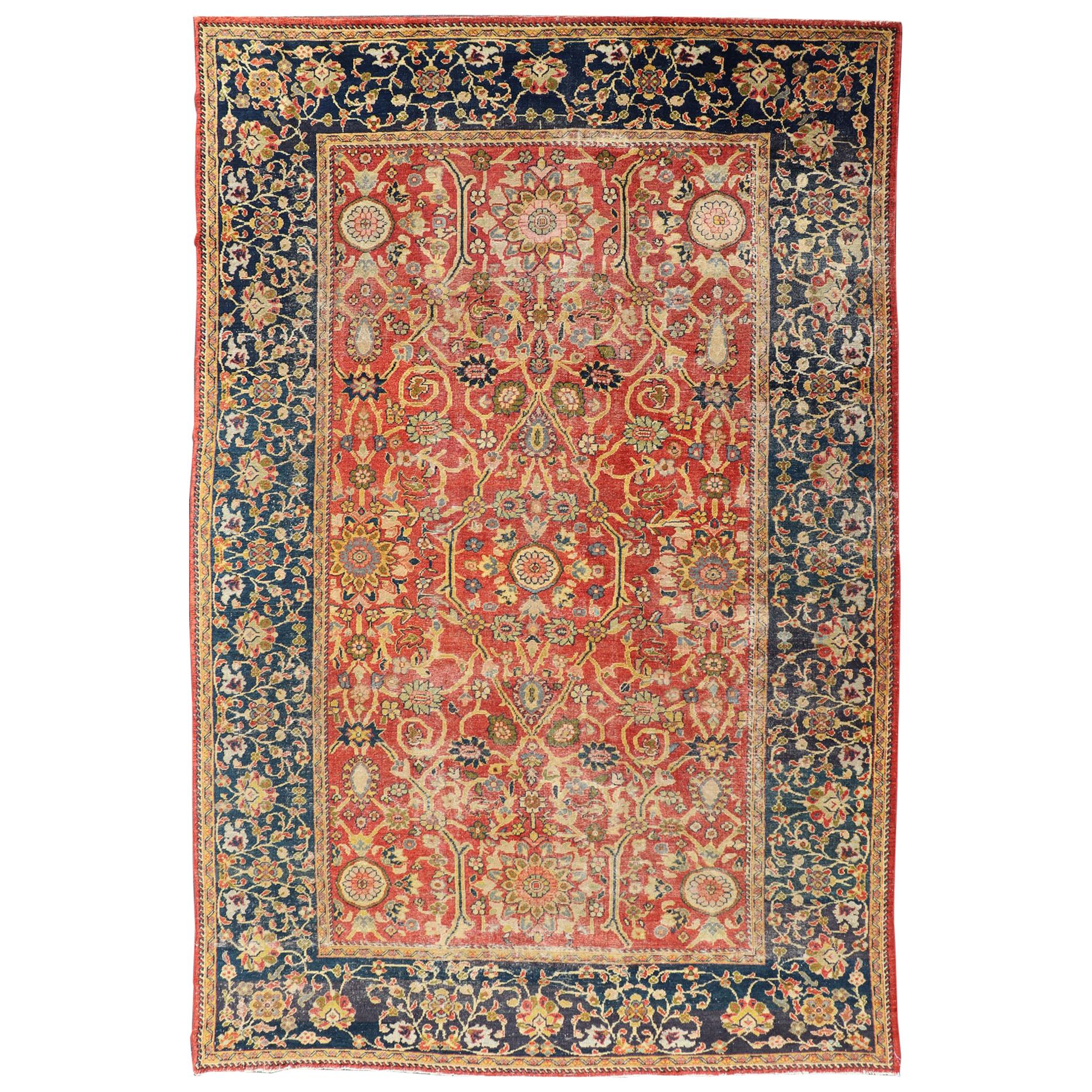 Antique Persian, 19th Century Sultanabad Rug in Rust, Blue, Gold, Yellow & Green