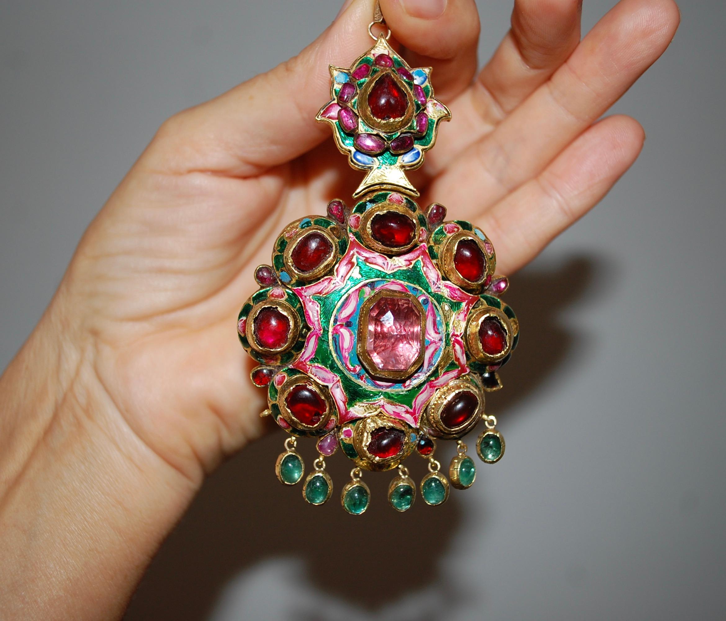 Emerald Cut Antique Persian 22k Gold Qajar Enameled Gem Set Pendant For Sale