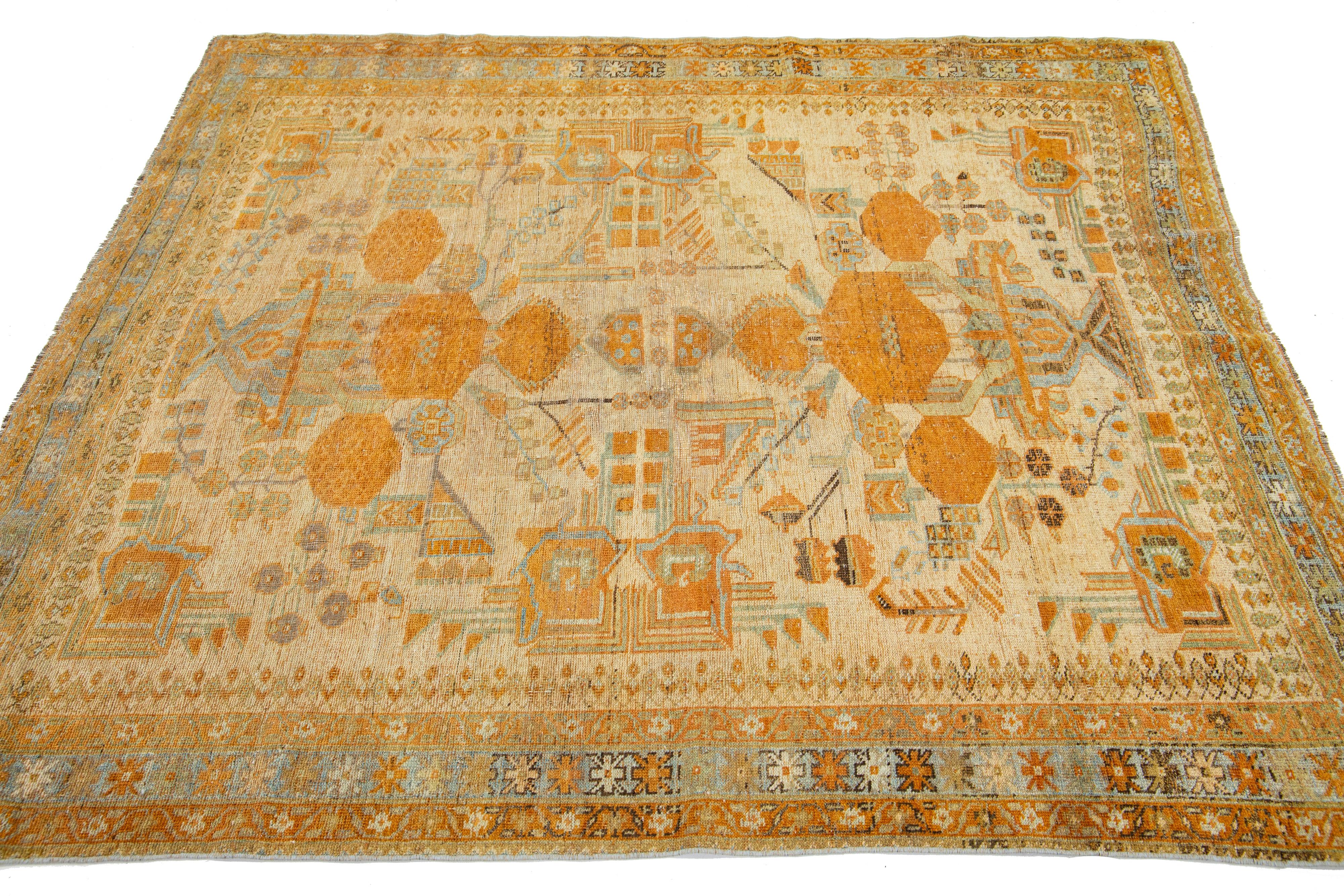 Hand-Knotted Antique Persian Afshar Handmade Tan & Orange Wool Rug with Allover Design For Sale