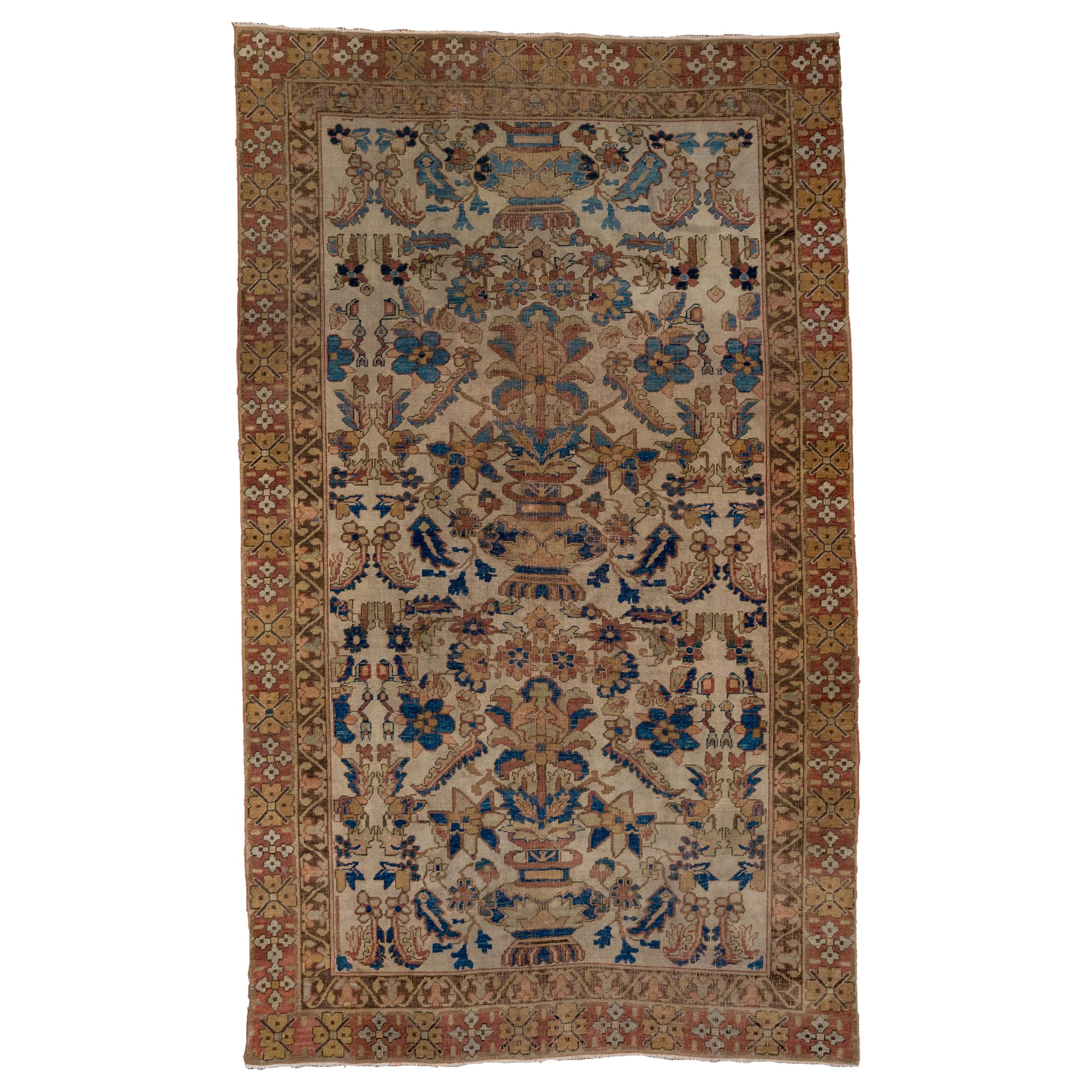Antique Persian Afshar Rug, All-Over Field, Gold and Coral Borders, circa 1920s