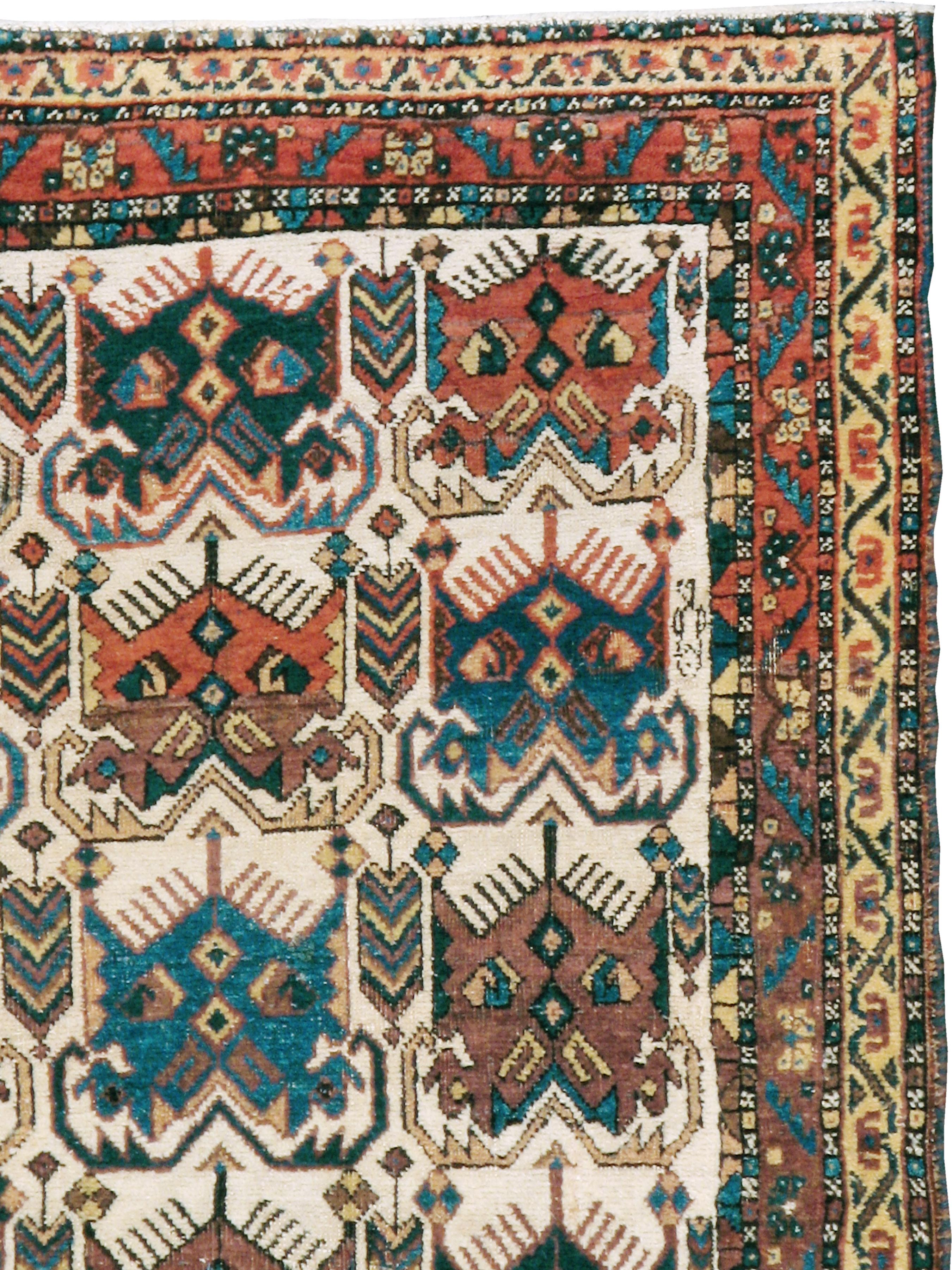 An antique Persian Afshar rug from the early 20th century. Vaguely insectoid unidirectional palmettes in mostly red and blue are displayed in seven rows on the ivory ground. This is a classic SE Persian Afshar design seen on saddlebags and scatter