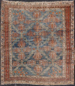 Tappeto antico persiano Afshar con disegno geometrico a tutto campo in blu morbido 3'10 x 4'7
