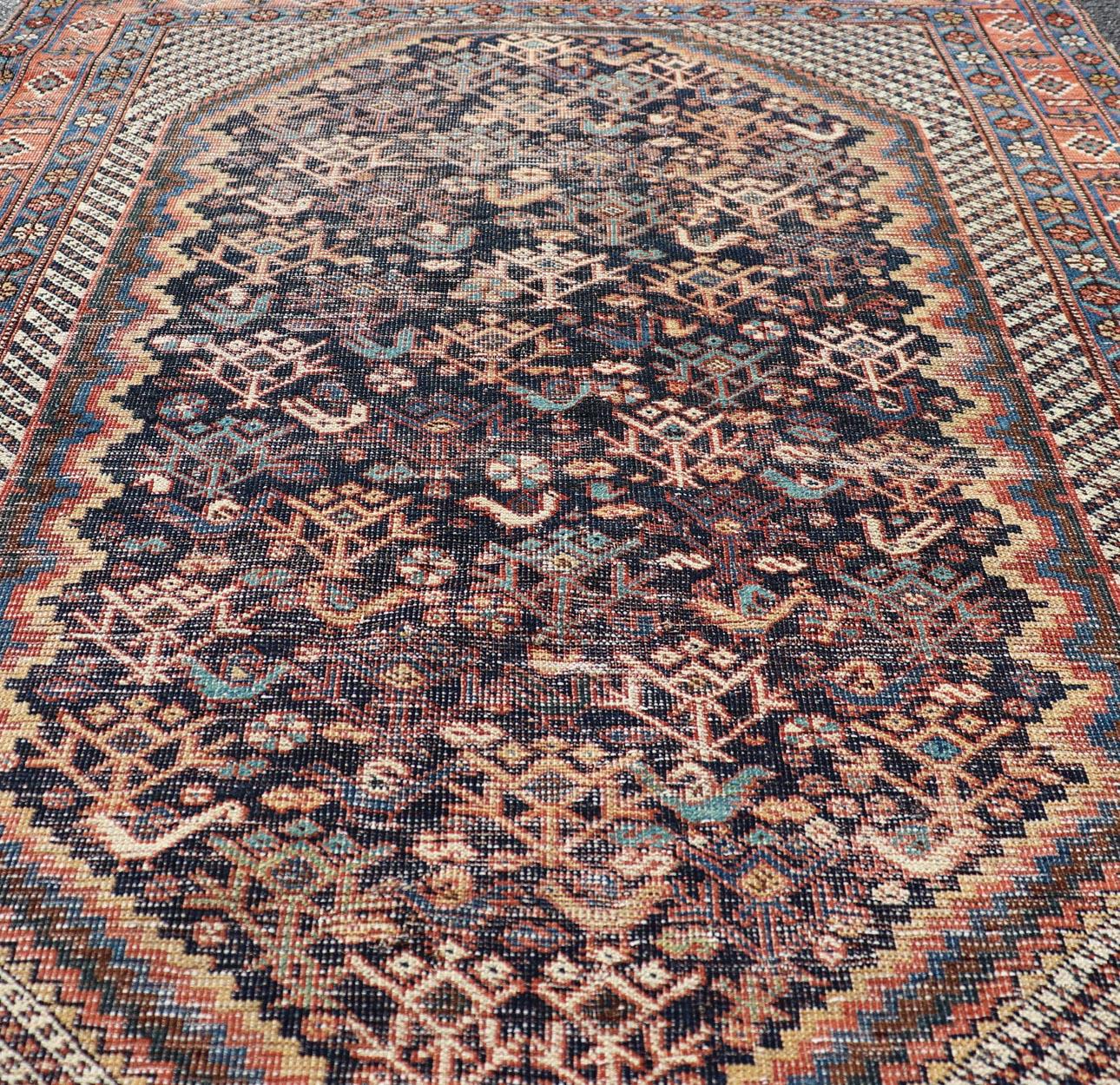 Tribal Antique Persian Afshar Rug with Bold Geometric Medallion 3'9