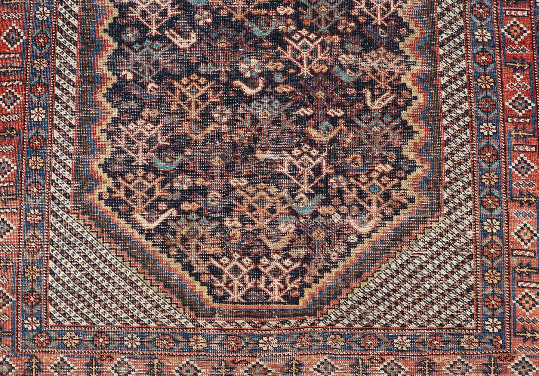 Hand-Knotted Antique Persian Afshar Rug with Bold Geometric Medallion 3'9