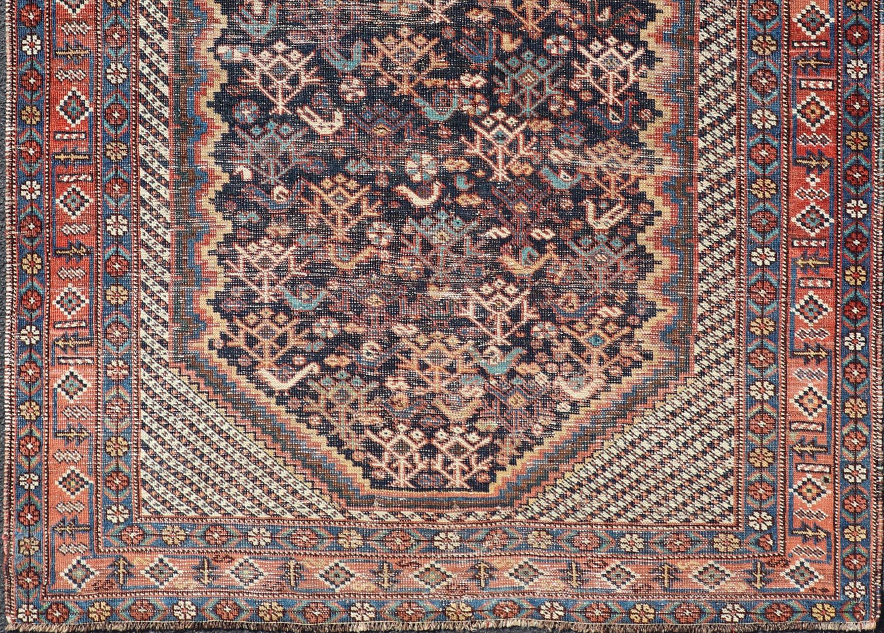 Antique Persian Afshar Rug with Bold Geometric Medallion 3'9