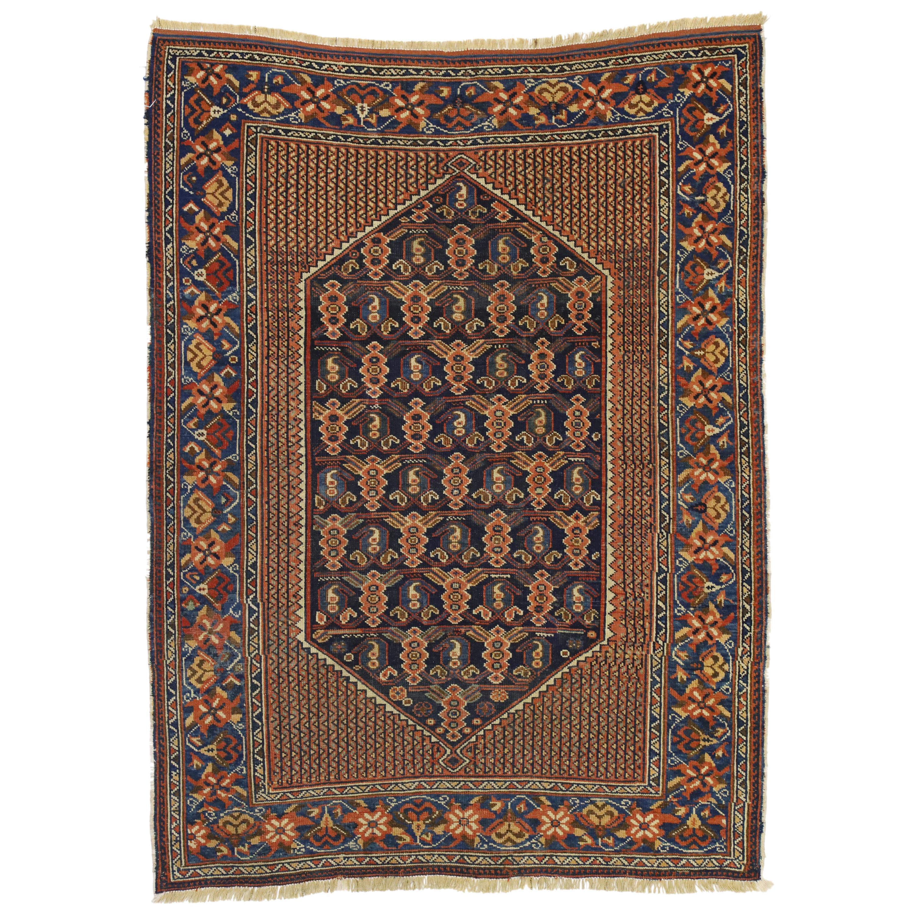 Antiker persischer Afshar-Teppich mit Boteh-Design und Mid-Century Modern-Stil