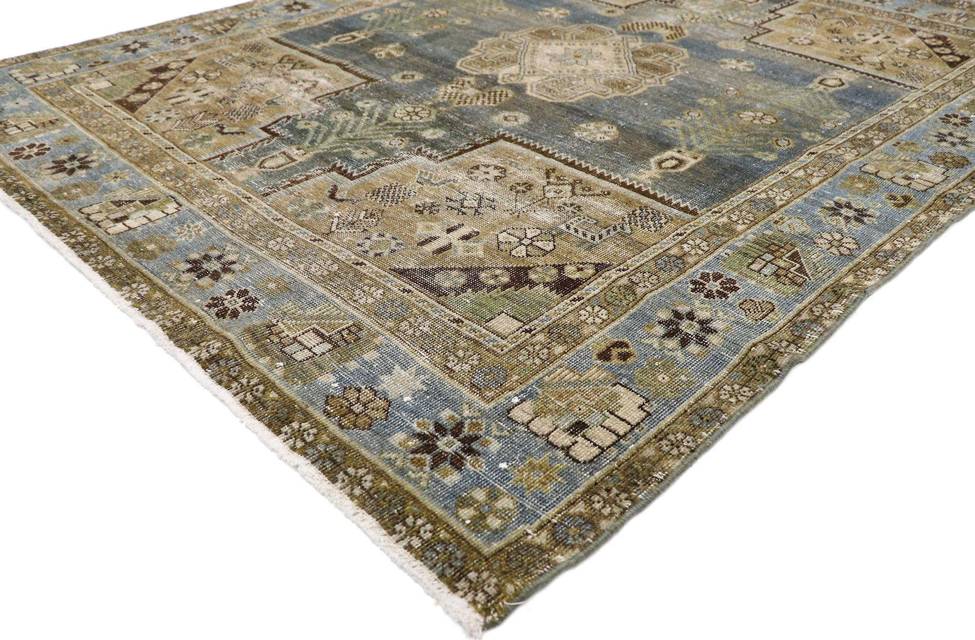 60922 antique Persian Afshar rug with Modern Tribal style 05'02 x 06'06. Balancing traditional sensibility and tribal design elements with nostalgic charm, this hand knotted wool antique Persian Afshar rug can beautifully blend modern, traditional,