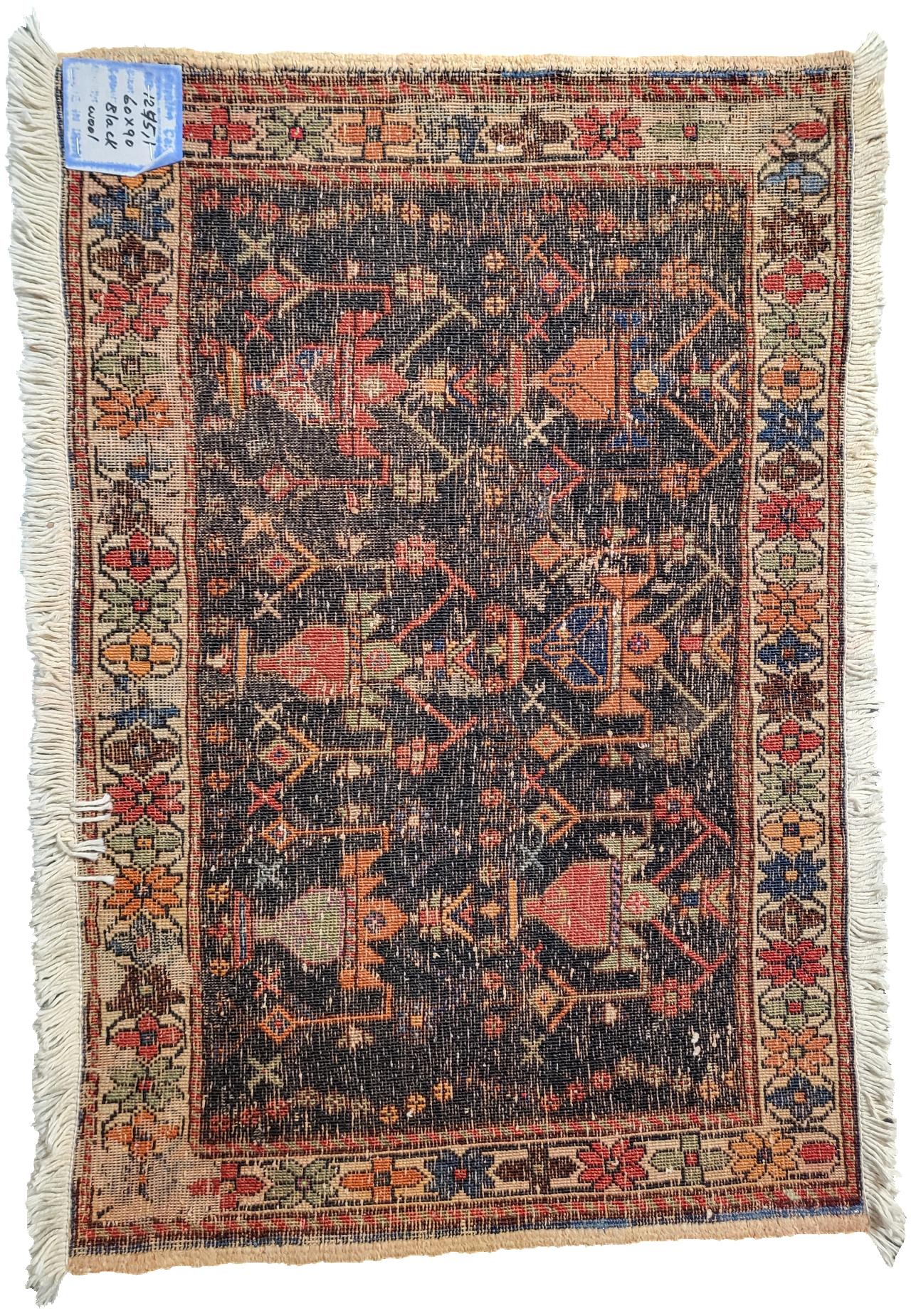 Hand-Knotted Antique Persian Afshar - Small Tribal Rug - Vase Design For Sale