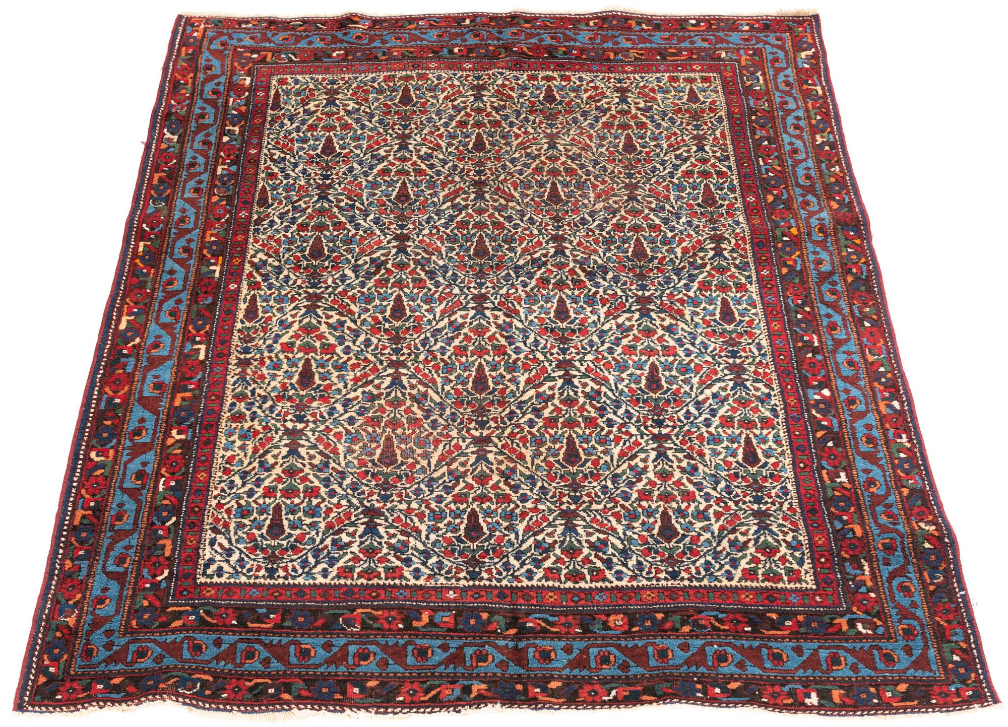 Tribal Antique Persian Afshar Hand-Knotted Floral Design Rug in Red and Blue Wool For Sale