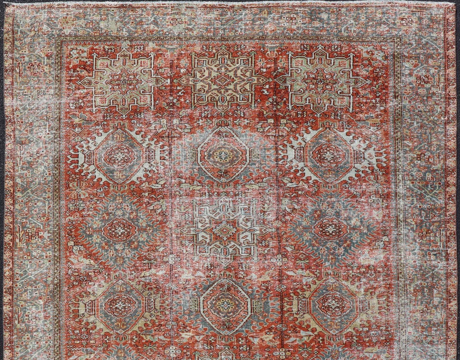 Hand-Knotted Antique Persian All-Over Heriz Rug with All-Over Geometric Medallion Design For Sale