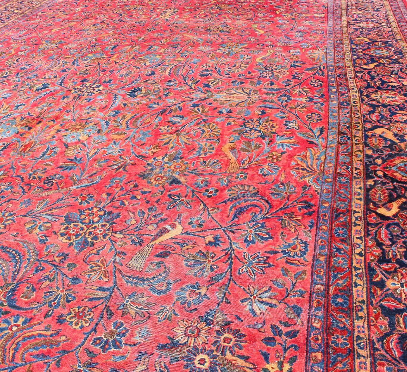 Antique Persian Kashan Rug With a All-Over Design On A Red Field and Blue Border For Sale 3